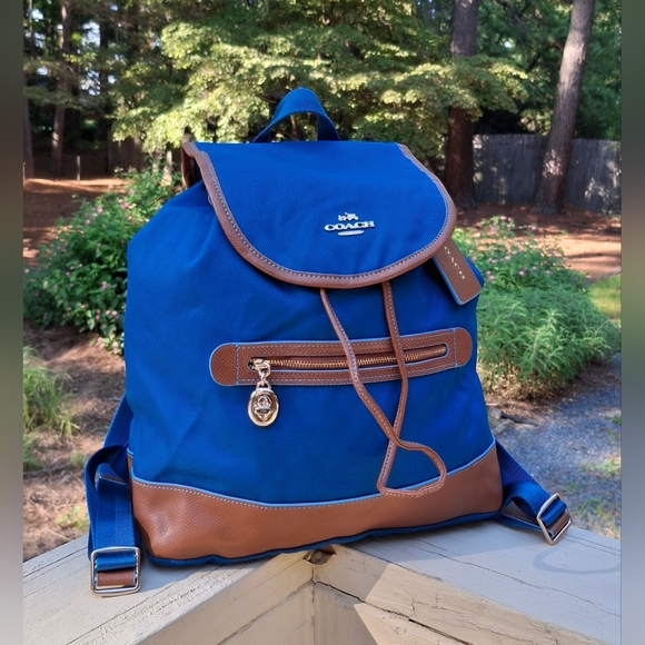 Coach Sawyer Unisex Blue Canvas & Brown Leather Backpack #F37240 - Picture 1 of 12